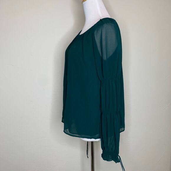 Dark Green Chiffon Blouse Gathered Bishop Sleeves Sz Medium - Picture 3 of 11